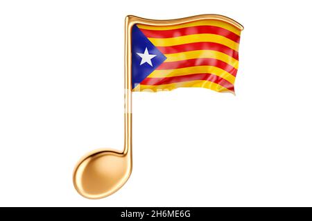 Note musicale avec drapeau catalan.Musique en Catalogne, concept.Rendu 3D isolé sur fond blanc Banque D'Images