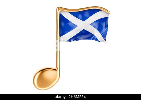 Note musicale avec drapeau écossais.Musique en Ecosse, concept.Rendu 3D isolé sur fond blanc Banque D'Images