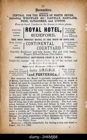 Page publicitaire vintage d'un guide détaillé de Baddeley de 1889 pour le district de English Lake.Avec le Royal Hotel à Bideford, Devonshire, Royaume-Uni. Banque D'Images