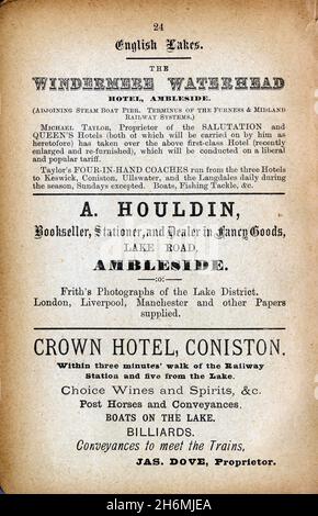 Page publicitaire vintage d'un guide détaillé de Baddeley de 1889 pour le district de English Lake.Proposant des hôtels dans le Lake District, Angleterre, Royaume-Uni Banque D'Images