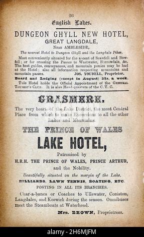 Page publicitaire vintage d'un guide détaillé de Baddeley de 1889 pour le district de English Lake.Proposant des hôtels dans le Lake District, Angleterre, Royaume-Uni Banque D'Images