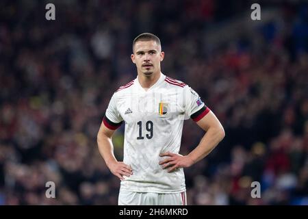 Cardiff, pays de Galles, Royaume-Uni.16 novembre 2021.Leandro Dendoncker de Belgique lors du match de qualification de groupe de la coupe du monde 2022 entre le pays de Galles et la Belgique au stade de Cardiff City.Crédit : Mark Hawkins/Alay Live News Banque D'Images