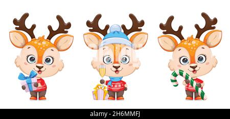Joli cerf de bébé.Personnage de dessin animé joyeux petit renne, ensemble de trois poses.Joyeux Noël et Bonne Année.Illustration du vecteur de stock Illustration de Vecteur
