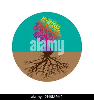 Arbre sacré de la vie et des racines concept, le modèle de logo de cercle d'arbre de Bodhi, silhouette icône vecteur isolé sur fond blanc Illustration de Vecteur