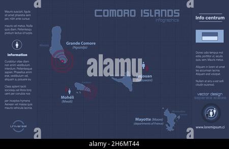 Carte des îles Comoro, régions séparées avec des noms, infographiques bleu plat design vecteur Illustration de Vecteur