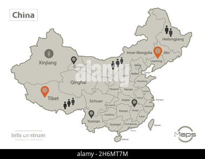 Carte de la Chine, régions individuelles avec noms, infographies et vecteur d'icônes Illustration de Vecteur