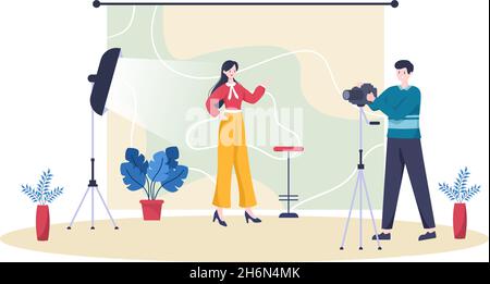 Photography Studio Flat Design arrière-plan.Modèle de prise de vue avec lumières, équipement de film numérique et appareil photo dans un vecteur de style dessin animé Illustration de Vecteur