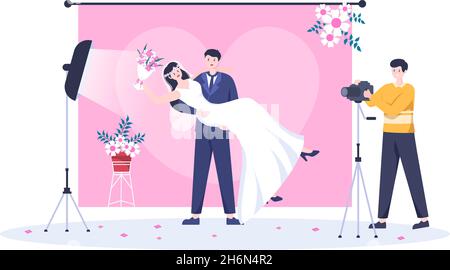 Mariage Studio photo Flat Design.Photographe de photographie Homme et Femme modèle avec un thème de mariage ou couple de mariée utiliser l'appareil photo dans le style de dessin animé Vector Illustration de Vecteur