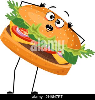 Un adorable hamburger de caractère avec des émotions dans la panique saisit sa tête, le visage surpris, les yeux choqués, les bras et les jambes.Joyeux fast-food, sandwich à l'expression effrayée Illustration de Vecteur