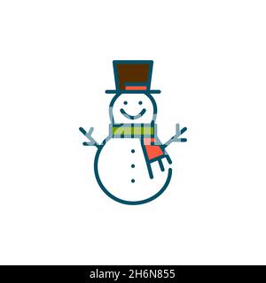 Bonhomme de neige souriant portant un chapeau et un foulard.Pixel Perfect, contour modifiable icône de vecteur coloré Illustration de Vecteur