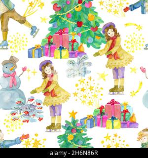 Motifs sans couture avec un garçon et une fille de patinage, conifères et bonhomme de neige décorés sur fond blanc.Illustrations aquarelles.Noël d'hiver et New Yea Banque D'Images