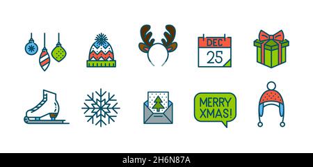 Noël coloré art de ligne icônes.Boules de sapin, serre-tête de renne, calendrier, boîte cadeau, patins à glace.Pixel parfait, contour modifiable Illustration de Vecteur