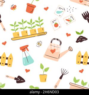 Motif sans couture avec graines et semis.Germination des pousses.Outils et pots pour la plantation.Travaux de semis de printemps.Illustration vectorielle en blanc Illustration de Vecteur