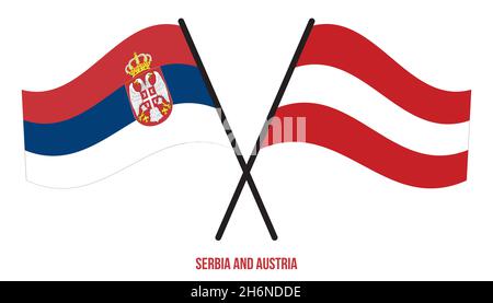 Drapeaux de Serbie et d'Autriche croisés et ondulés de style plat. Proportion officielle. Corriger les couleurs. Illustration de Vecteur
