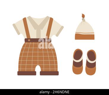 Vêtements de boho pour bébés.Jolie garde-robe pour garçon.Tenue scandinave pour enfant.Illustration vectorielle de style dessin animé plat.Vêtements vintage pour enfants Illustration de Vecteur