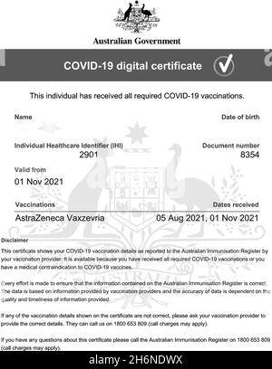 Certificat numérique Covid-19 du gouvernement australien indiquant deux doses du vaccin AstraZeneca.Australie Banque D'Images