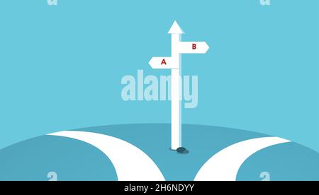 Deux chemins et panneaux de signalisation avec différents pointeurs sur fond bleu Illustration de Vecteur