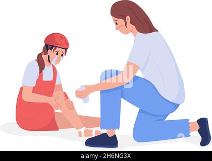 Maman traite enfant blessure semi-plat couleur vecteur caractère Illustration de Vecteur