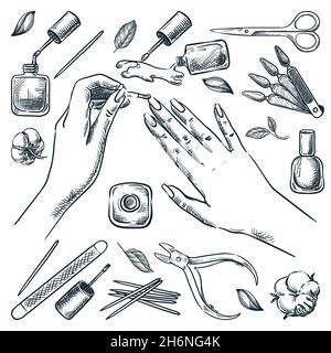 Femme peint les ongles avec laque, vecteur main dessin illustration de la vue de dessus.Les outils de manucure, les cosmétiques et les produits de soins des mains esquissés des icônes ensemble.Beauté s Illustration de Vecteur