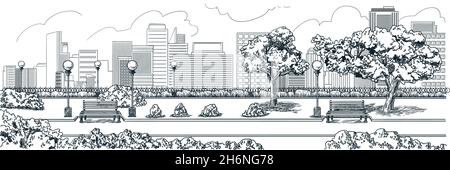 Bâtiments de la ville et paysage du parc.Illustration vectorielle dessinée à la main du paysage urbain.Environnement urbain fond horizontal Illustration de Vecteur