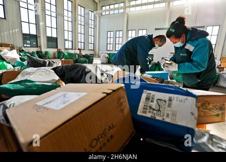 Zhangye, Zhangye, Chine.17 novembre 2021.Le 16 novembre 2021, le centre de tri postal express de Zhangye City, province de Gansu, le personnel de livraison trient express, prêt à livrer rapidement aux clients.Le même jour, Zhangye, Gansu a repris son service de livraison postale.Des sociétés express comme Zhangye City Post Express et Shunfeng ont effectué une désinfection stricte des véhicules pour plus de 300,000 colis express bloqués à Lanzhou, des codes de test de température du personnel, la prévention et l'élimination des épidémies de courrier express et la traçabilité.Après identification et inspection et othe Banque D'Images