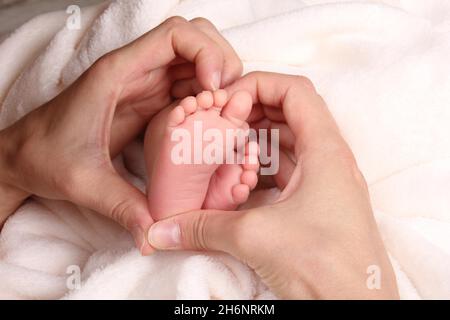 Les mains embrassent les pieds de bébé Banque D'Images