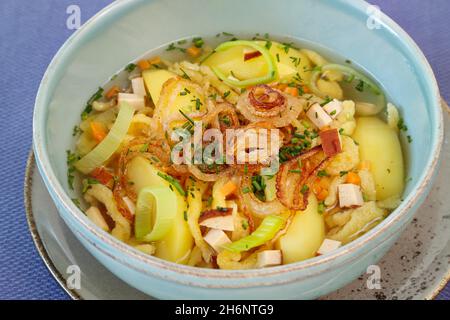 Cuisine souabe, gaisburger Marsch végétarien avec tofu, bouillon, spaetzle, tranches de pommes de terre, légumes et rondelles d'oignon, Allemagne Banque D'Images