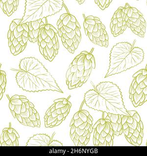 Sauts verts sur fond blanc motif sans couture, dessin à la main.Cônes et feuilles de houblon gravés, un ingrédient pour la production de bière.Motif avec pl. Frais Illustration de Vecteur