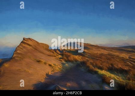 Peinture numérique à l'huile d'une inversion de température aux cafards au lever du soleil au printemps dans le Staffordshire, Peak District National Park, Royaume-Uni. Banque D'Images