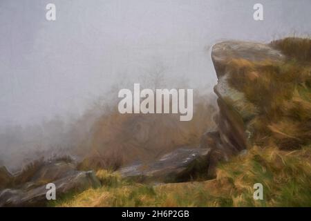 Peinture numérique à l'huile d'une inversion de température aux cafards au lever du soleil au printemps dans le Staffordshire, Peak District National Park, Royaume-Uni. Banque D'Images