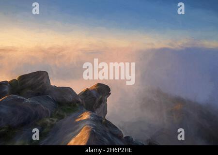 Peinture numérique à l'huile d'une inversion de température aux cafards au lever du soleil au printemps dans le Staffordshire, Peak District National Park, Royaume-Uni. Banque D'Images