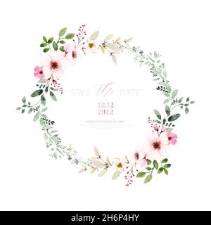 Motif couronne aquarelle avec fleurs et feuilles roses.Aquarelle peinte à la main avec bouquet floral isolé sur fond blanc.Idéal pour un mariage Illustration de Vecteur