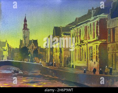 L'augmentation de l'église plus de bâtiments médiévaux de Bruges, Belgique, à la place de Jan Van Eyck. L'aquarelle de Bruges Belgique art. Banque D'Images