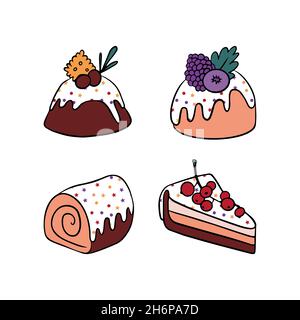 Ensemble de gâteaux dessinés à la main.Dessert sucré avec des saupoudriers et des baies isolées sur fond blanc.Illustration vectorielle. Illustration de Vecteur