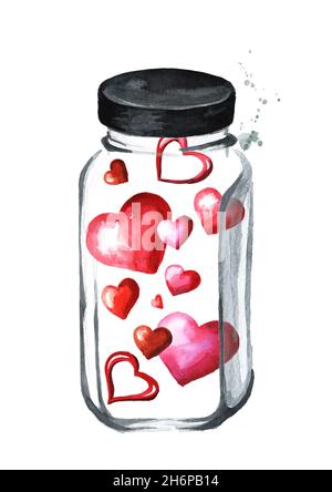 Les coeurs sont fermés dans un pot en verre.Le concept de l'amour, Saint Valentin.Illustration aquarelle dessinée à la main isolée sur fond blanc Banque D'Images