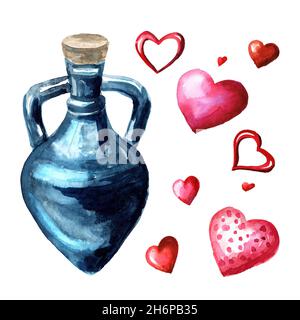 Élixir d'amour, bouteille de potion d'amour et ensemble de coeurs.Illustration aquarelle dessinée à la main isolée sur fond blanc Banque D'Images