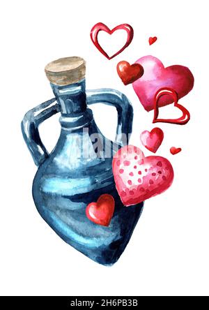 Élixir d'amour, bouteille de potion d'amour.Illustration aquarelle dessinée à la main isolée sur fond blanc Banque D'Images