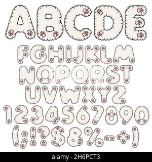 Lettre blanche, lettres, chiffres et signes avec pattes roses.Ensemble d'objets vectoriels isolés sur fond blanc. Illustration de Vecteur