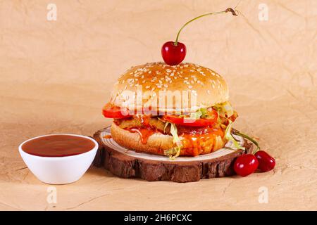 REPAS HAMBURGER, hamburger ou cheeseburger au poulet juteux avec une galette de poulet, sauce, frites et boisson froide.Concept d'américain Banque D'Images