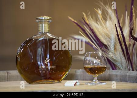 EREVAN, ARMÉNIE - 10 avril 2018 : gros plan d'une bouteille de cognac Remy Martin et d'un verre, avec des plantes en arrière-plan Banque D'Images