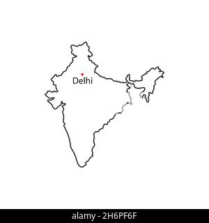 Carte de l'Inde avec la capitale Delhi en contour noir.Icône Vector pour applications Web ou mobiles. Illustration de Vecteur