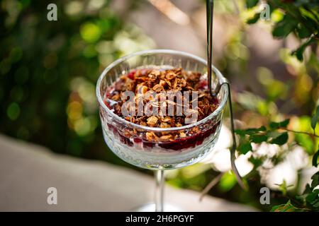 Dessert aux baies de granola dans un verre de fantaisie Banque D'Images
