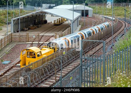 Métro de Glasgow / trains souterrains en cours d'essais sur des voies de plein air, Glasgow, Écosse, Royaume-Uni Banque D'Images