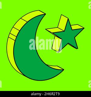Une représentation du croissant musulman de lune et d'étoile sur fond vert Banque D'Images