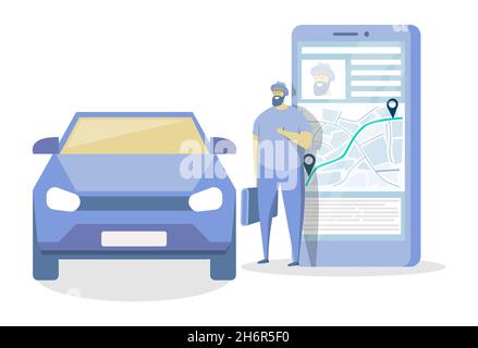 Homme utilisant l'application mobile pour le covoiturage, la commande automatique pour le partage ou la location.Partage de voiture en ligne, services de location de voiture, Vector. Illustration de Vecteur