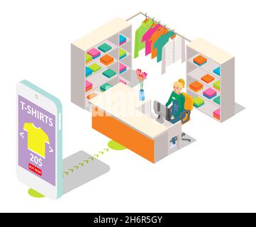 Boutique en ligne, achats en ligne avec application mobile, commerce électronique, illustration vectorielle isométrique. Illustration de Vecteur
