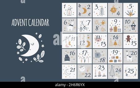 Calendrier de l'Avent.Affiche de Noël.Numéros de Noël.Joie drôle lettrage formes géométriques festive concept calendrier numéros modèles de vecteur récents pour Illustration de Vecteur