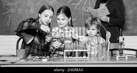 Enseigner aux enfants partager des connaissances importantes. Avec l'expérience vient la connaissance. Éducation formelle. Classes de chimie. Interaction et communication de groupe Banque D'Images