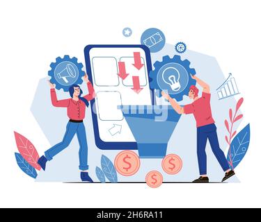 Gestion de l'entonnoir de vente et augmentation des taux de conversion stratégie vecteur plat isolé. Illustration de Vecteur