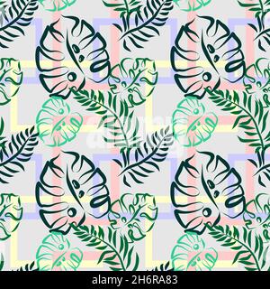 motif floral sans couture de feuilles tropicales sur un fond géométrique rose clair et blanc, texture, textile, design, modèle vert continu pour pr Banque D'Images